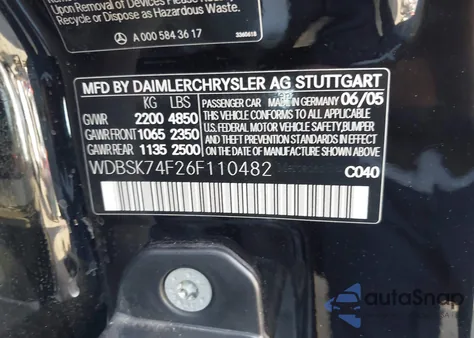 2006 Mercedes-Benz Sl-Class 5.5L Amg z USA, uszkodzony, nr VIN WDBSK74F26F110482